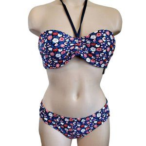 Kate Spade Womens Bikini Set Swimsuit Blue White Floral Halter Neck XS $160 New